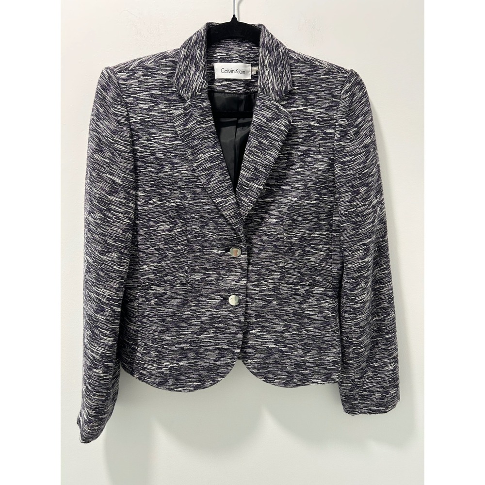 Calvin Klein Womens Purple Tweed Blazer Jacket Size 6 Cotton Linen Space Dye